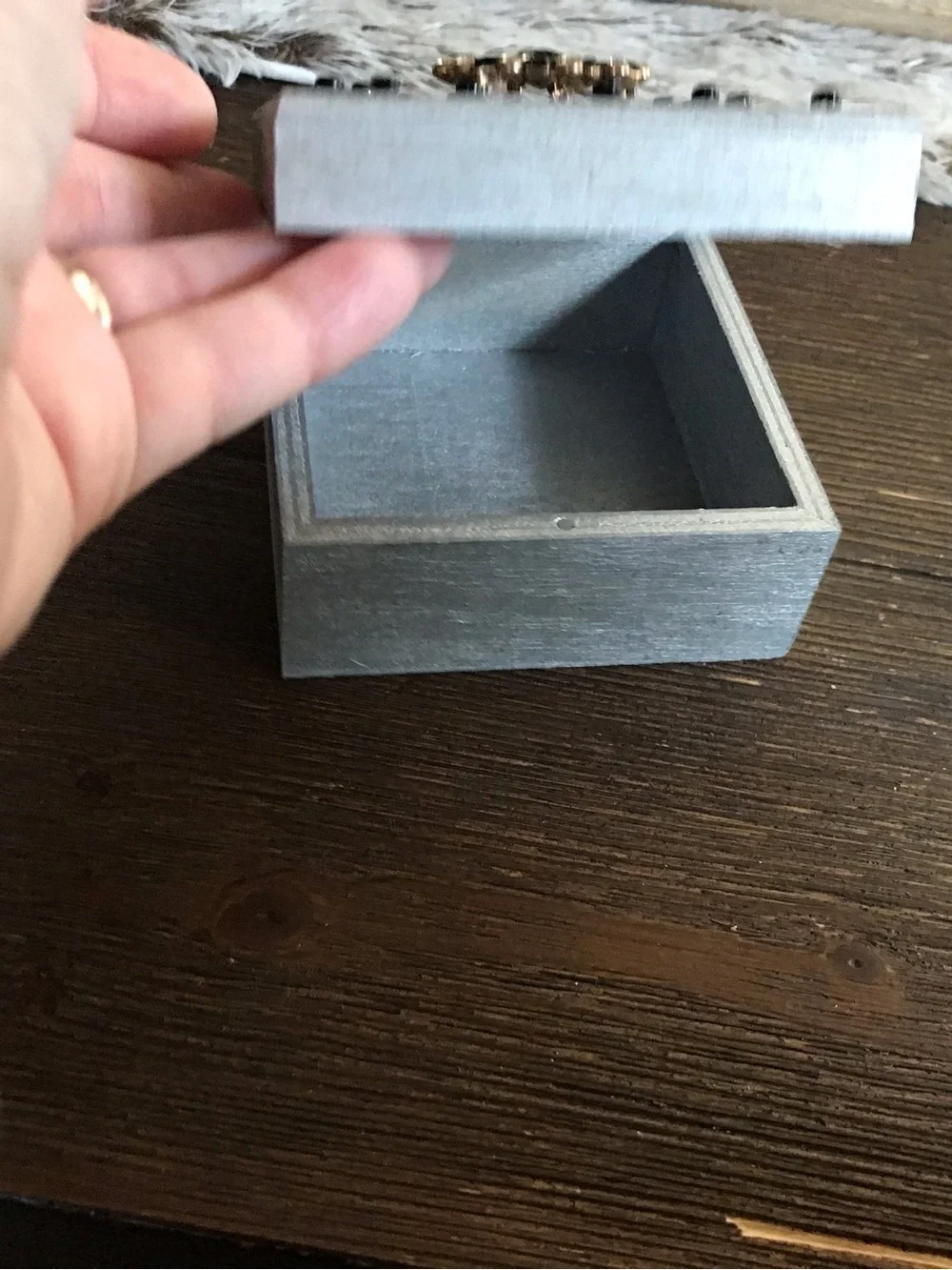Hand crafted wooden silver trinket box with rhinestone flower lid